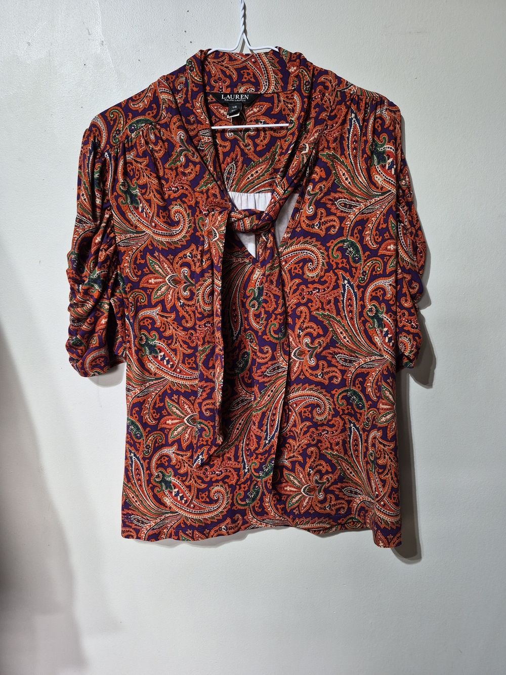 Ralph Lauren Orange Paisley Tie-Neck Blouse with Green Accents